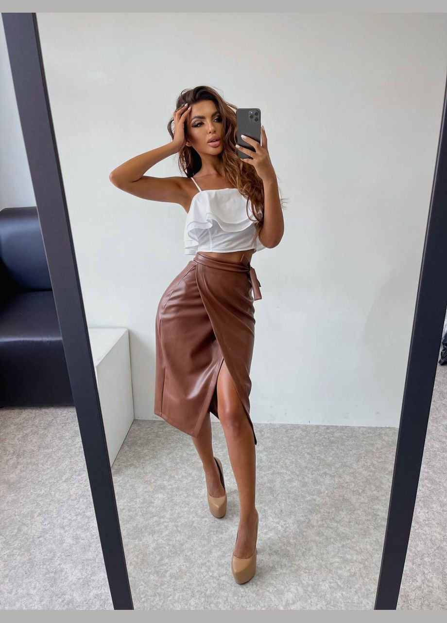 Коричневая повседневная однотонная юбка женская - на запах, премиум качества JUGO на запах