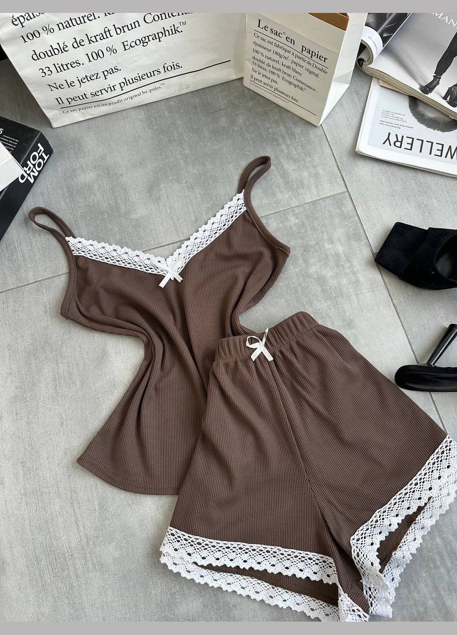 Коричневая всесезон пижама женская майка + шорты No Brand