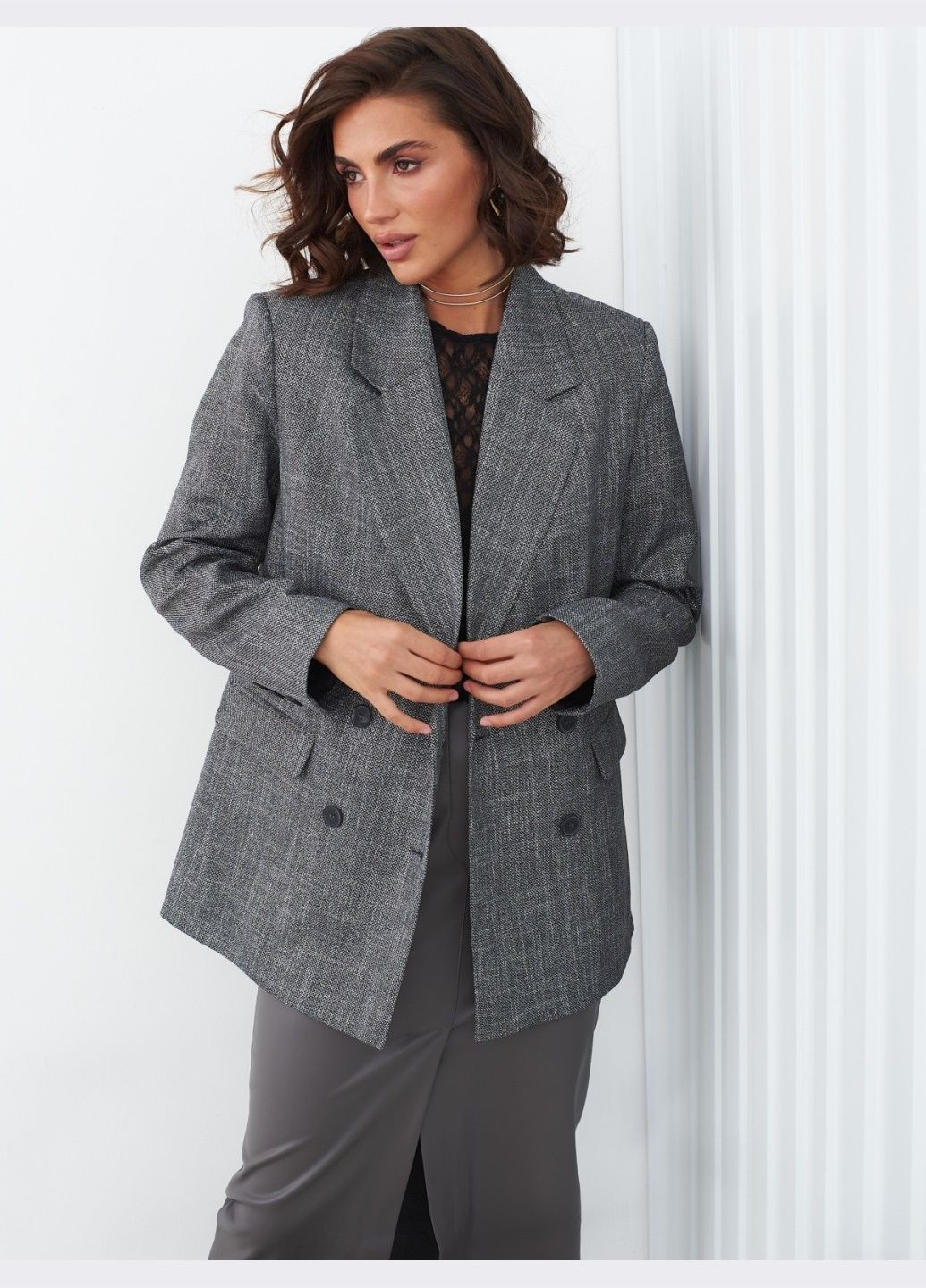 Темно-серый женский пиджак свободного кроя тёмно-серый Dressa однотонный - демисезонный