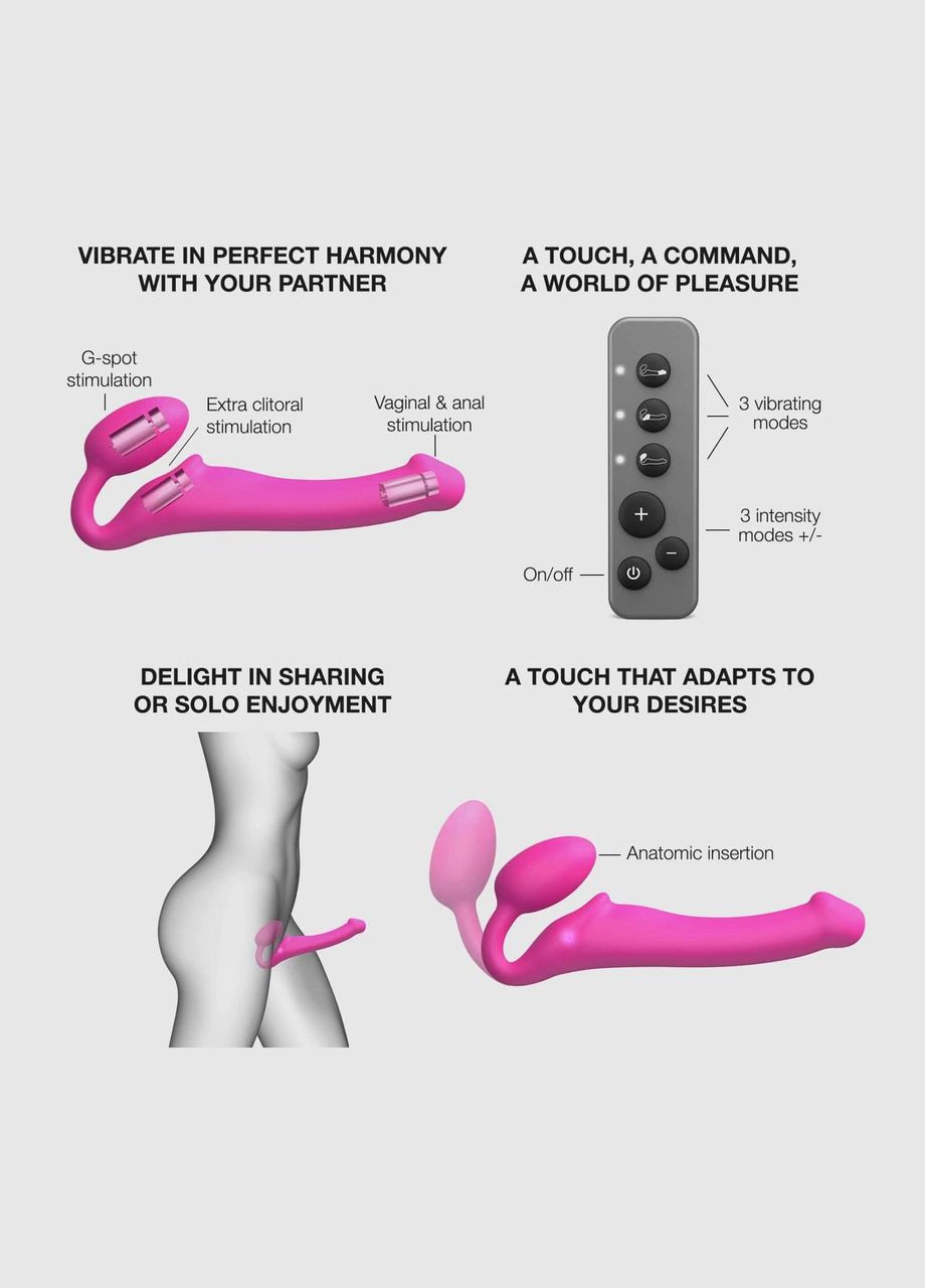 Безремневой страпон с вибрацией Vibrating Fuchsia L, диаметр 3,7 см, пульт ДУ, регулируемый Strap-On-Me (345122942)