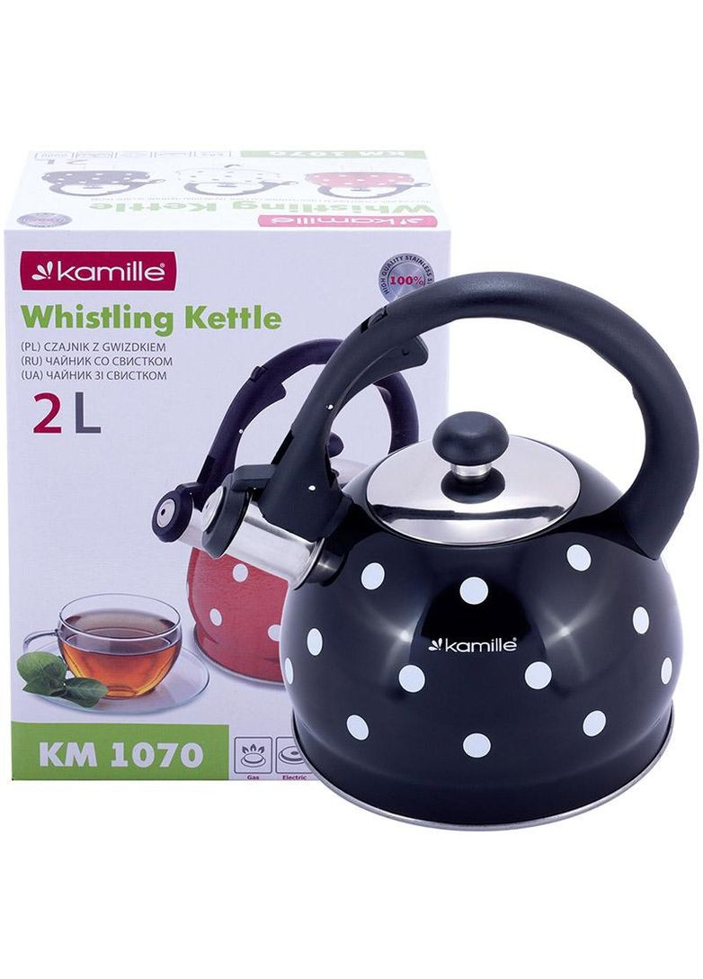 Чайник Polka Dot Kettle 2л из нержавеющей стали со свистком, в горошек, черный Kamille (372174308)