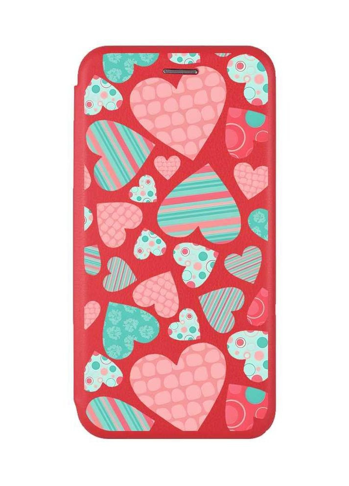 Чохол-книжка червоний з малюнком на Xiaomi Redmi Note 14 4G Різнокольорові сердечка (принт 334) Creative (364688113)