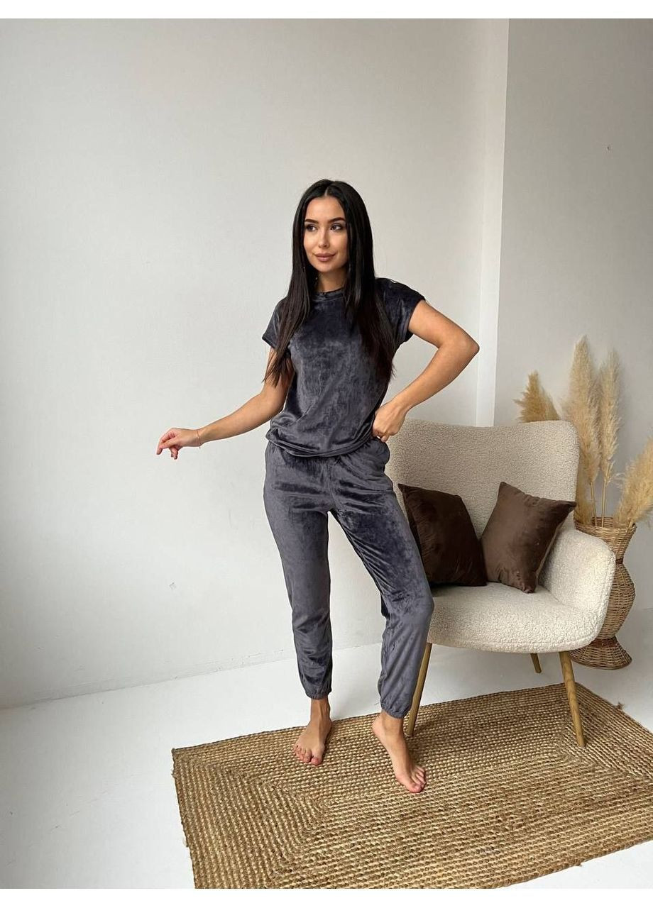 Графитовая женская пижама тройка из велюра Osoblyva