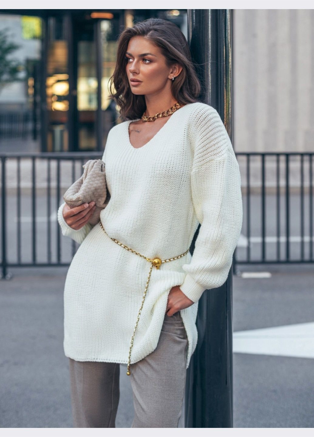 вязаная туника молочного цвета с разрезами по бокам Dressa (363367690)