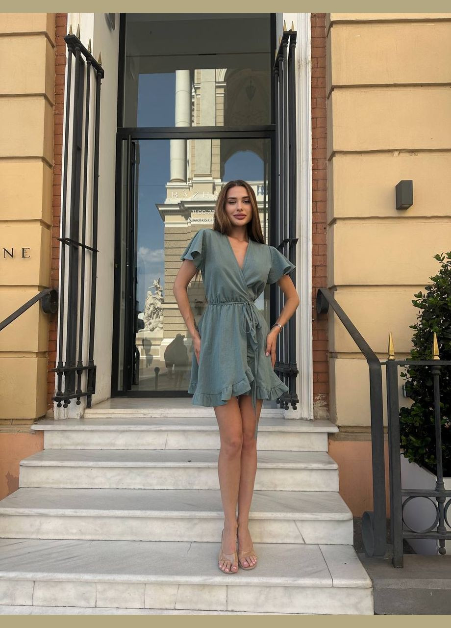 Оливкова повсякденний льняний сарафан на запах на запах Adelante однотонна