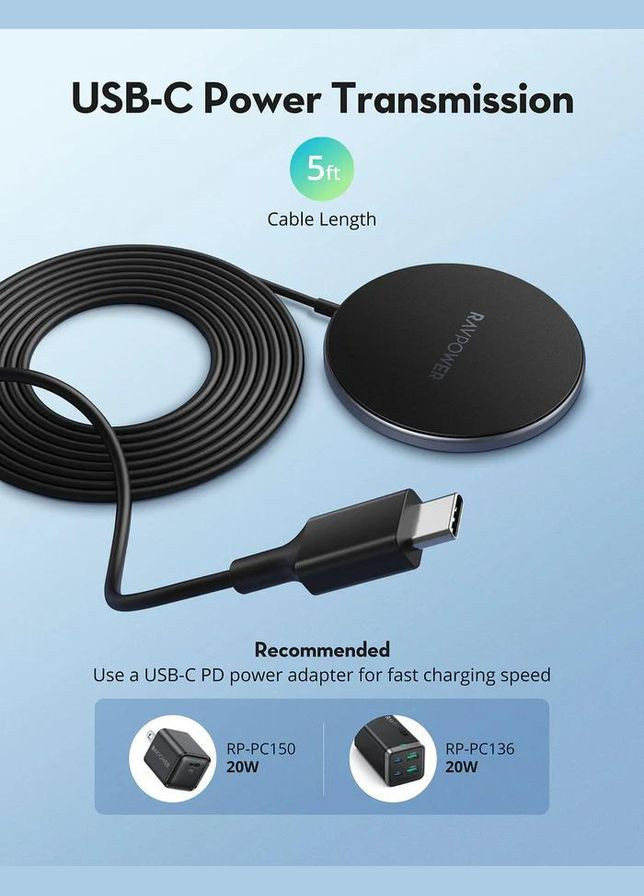 Магнітний бездротовий зарядний пристрій RP-WC012 20Вт RAVPower (315696420)