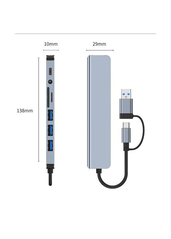 Многофункциональный USB Type-C хаб 8-в-2 Док-станция с аудиоразъёмом 3.5 мм, кардридером Micro SD, USB 3.0/2.0 No Brand (366959344)