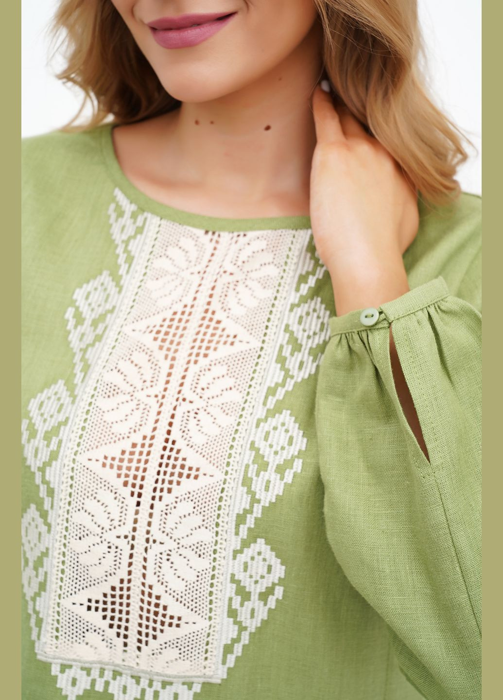 Коричнева вільна пряма максі сукня-вишиванка з льону з геометричним орнаментом та мереживом тіра., р., код 0351/44/1642 ГАЛЕРЕЯ ЛЬОНУ