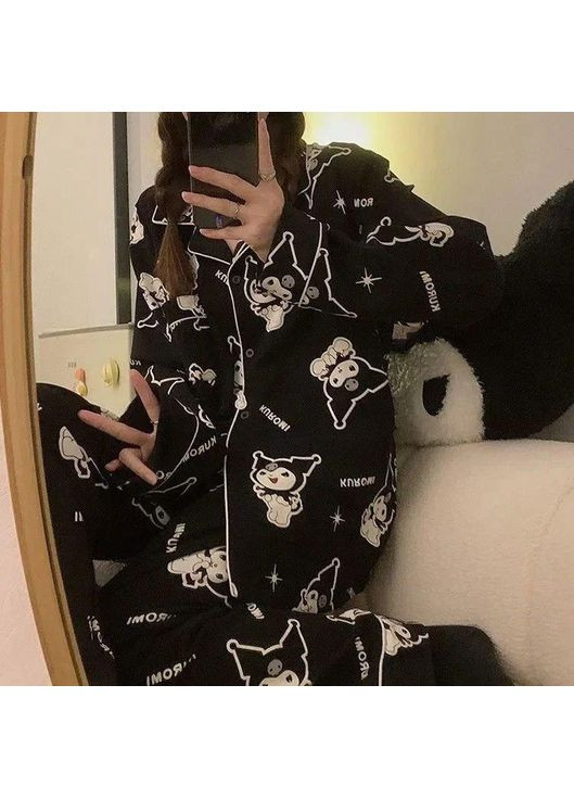 Чорна всесезон піжама kuromi з довгим рукавом. підліткова брючна піжама в класичному стилі. в комплекті: сорочка + штани. No Brand