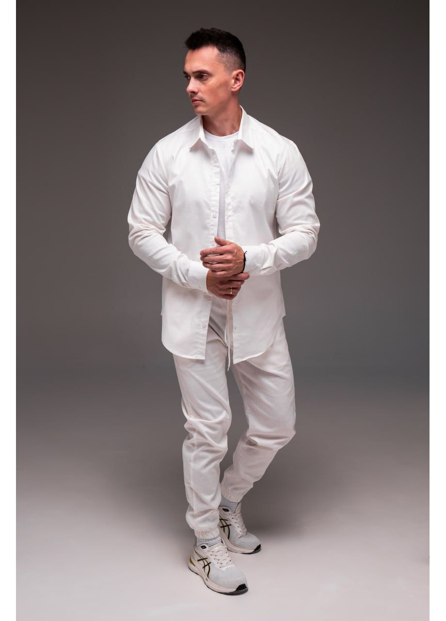 Молочний демісезонний стильний чоловічий костюм з натурального льону з сорочкою, брючний Vakko