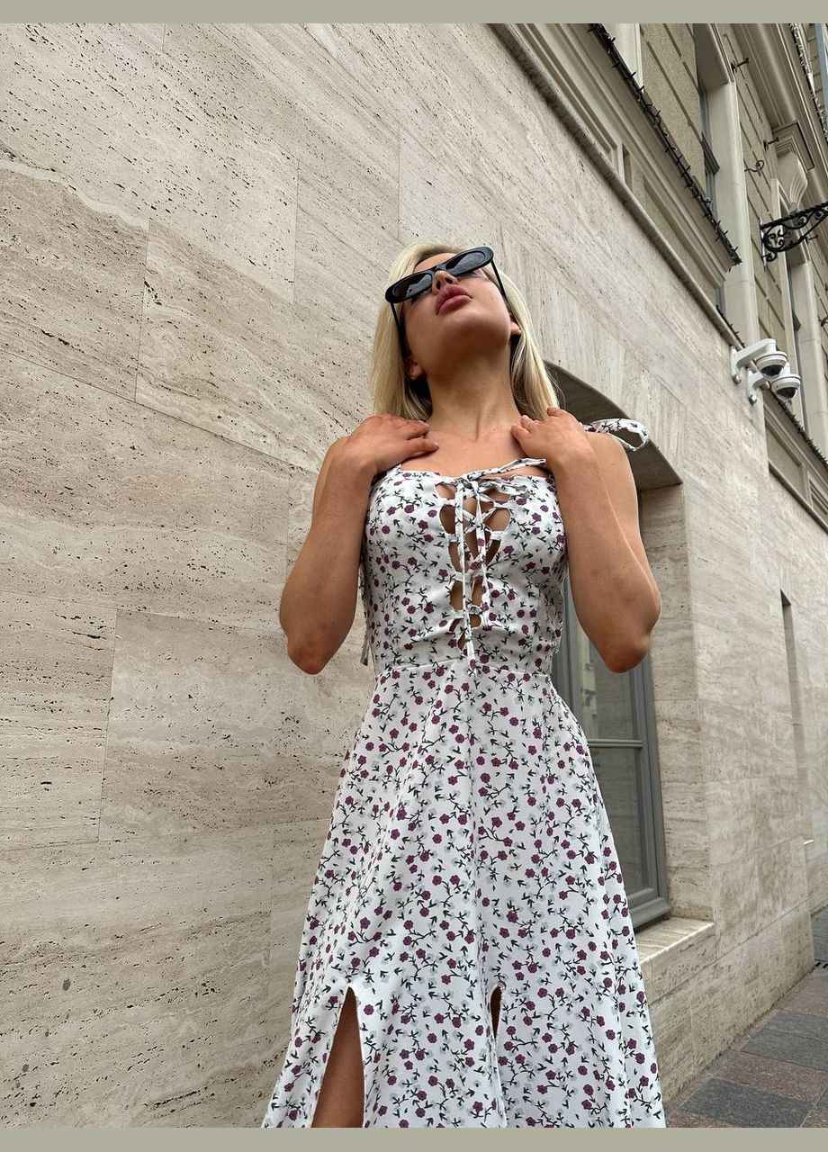 Белое шикарное,привлекательное платье-макси в цветочном принте со шнуровкой на груди и спине,белое вечернее платье No Brand с цветочным принтом