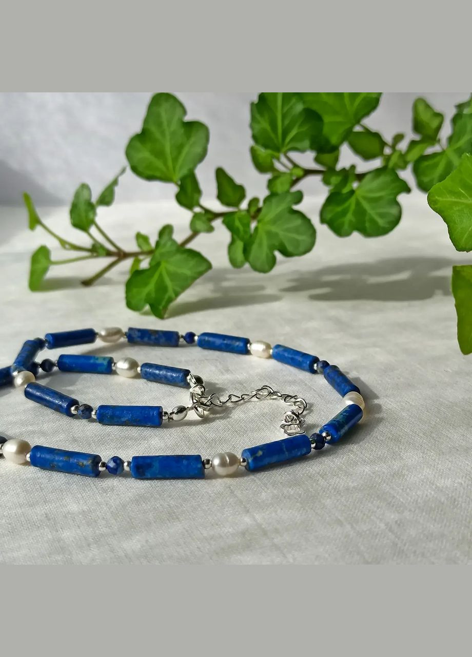 Чокер натуральний камінь Лазурит та Перли, фур-ра гіп-ний сплав колір срібло d-4мм+- L-38-43см No Brand лазурит, перли (культивовані) латунь срібло (301535112)