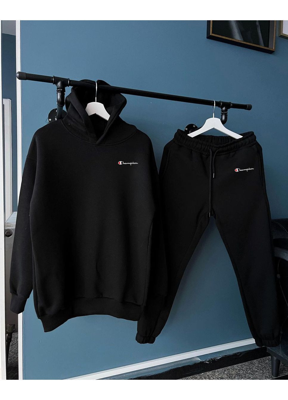 Стильний чоловічий спортивний зимовий костюм на флісі Champion чорний No Brand (372464149)
