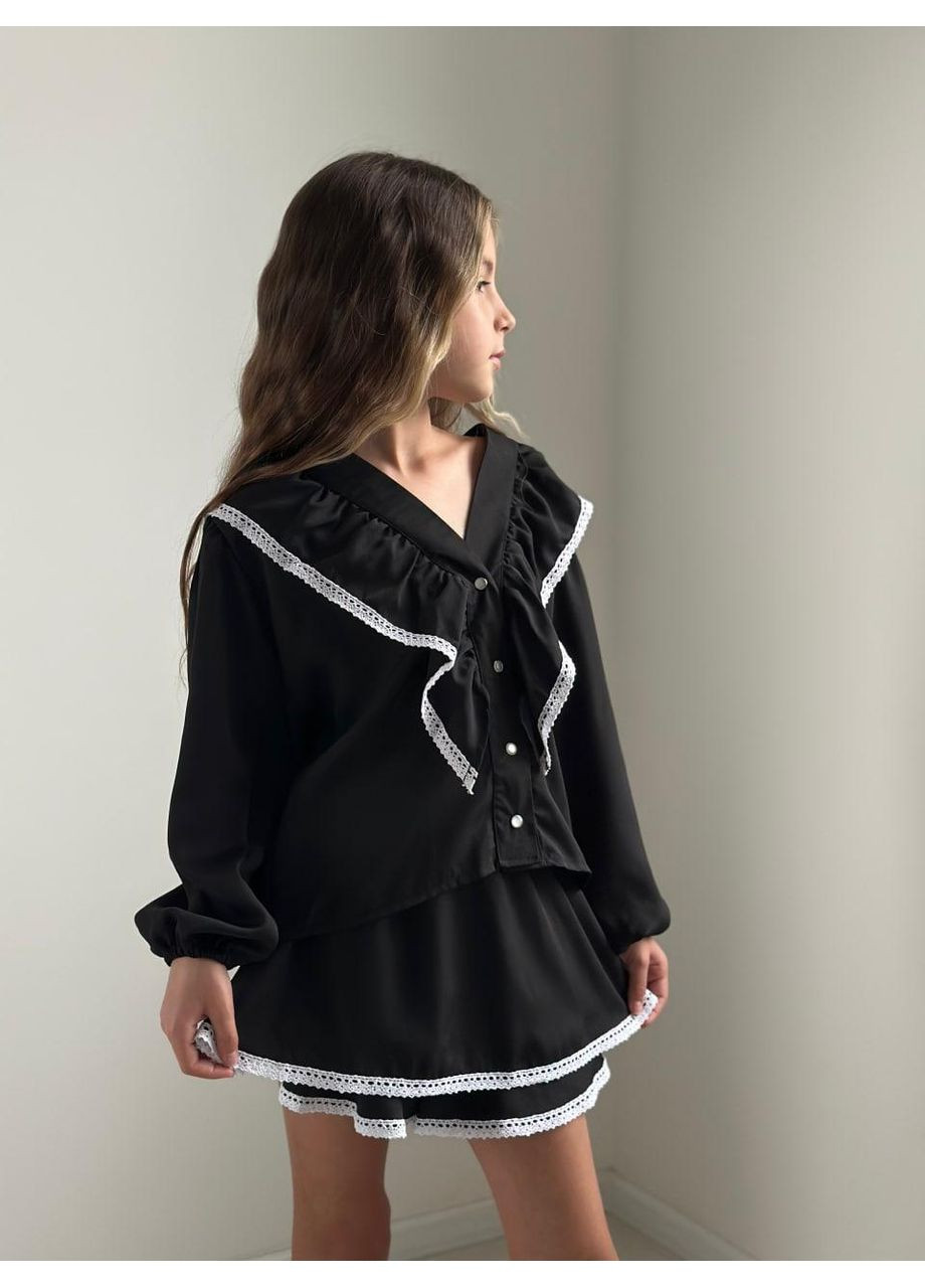 Черный демисезонный комплект (блузка, юбка-шорты) подростковый юбочный, с рубашкой, с шортами IRmAS