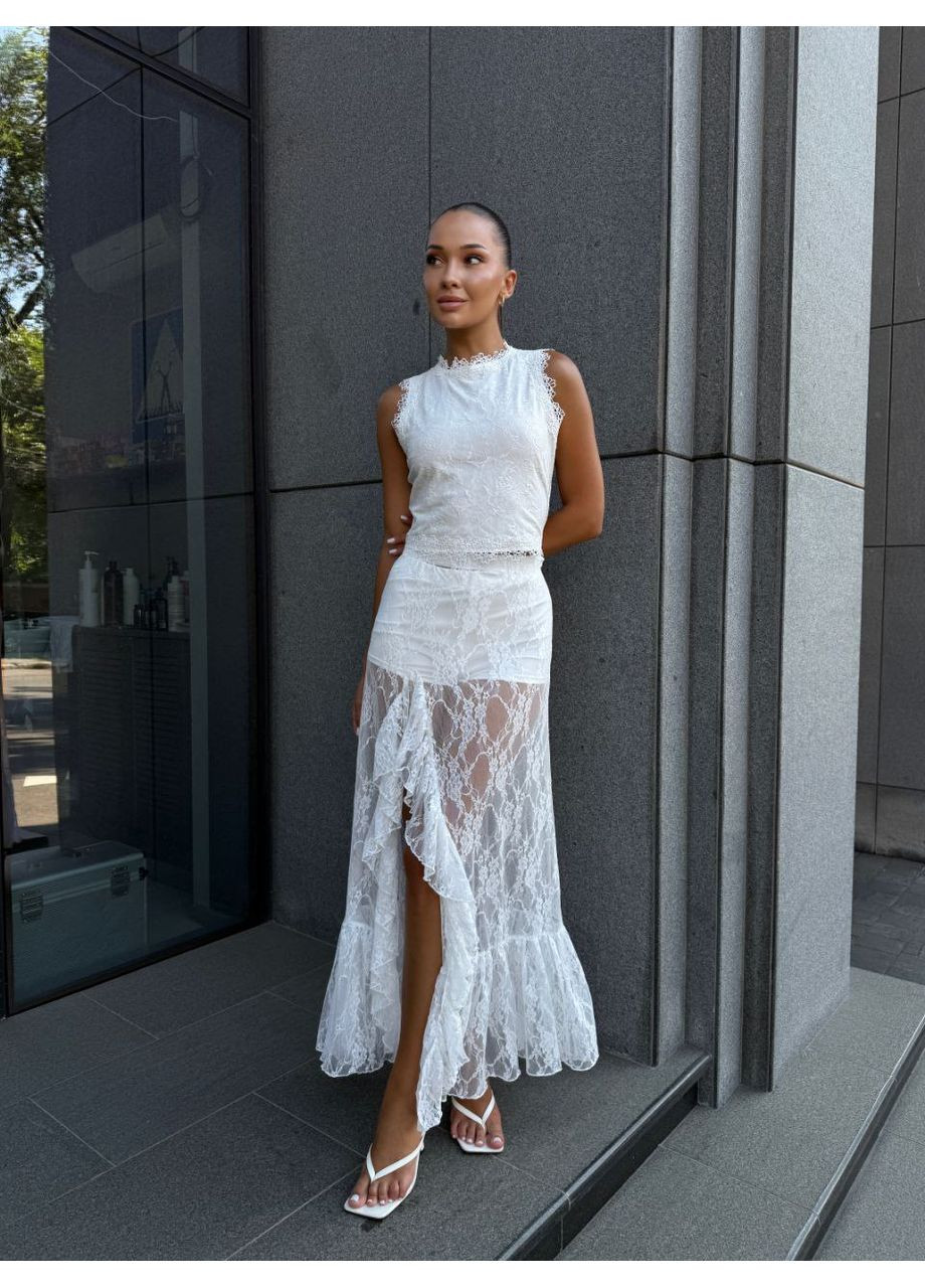 Молочная праздничный, повседневная, коктейльный однотонная женская гипюровая юбка-шорты Avanti