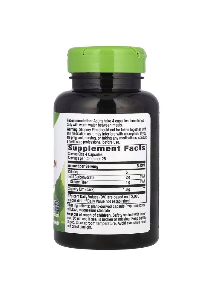 Кора вяза скользящего Slippery Elm Bark, 100 капсул для поддержания желудочно-кишечного тракта Nature's Way (341738112)