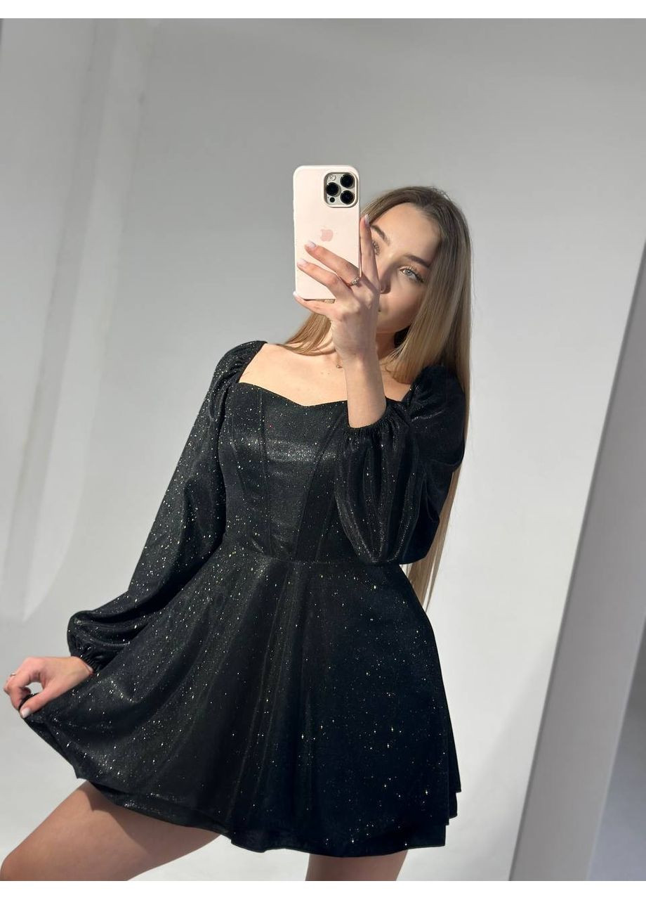 Чорна кежуал жіноча корсетна мінісукня з мерехтливим покриттям кльош Україна однотонна