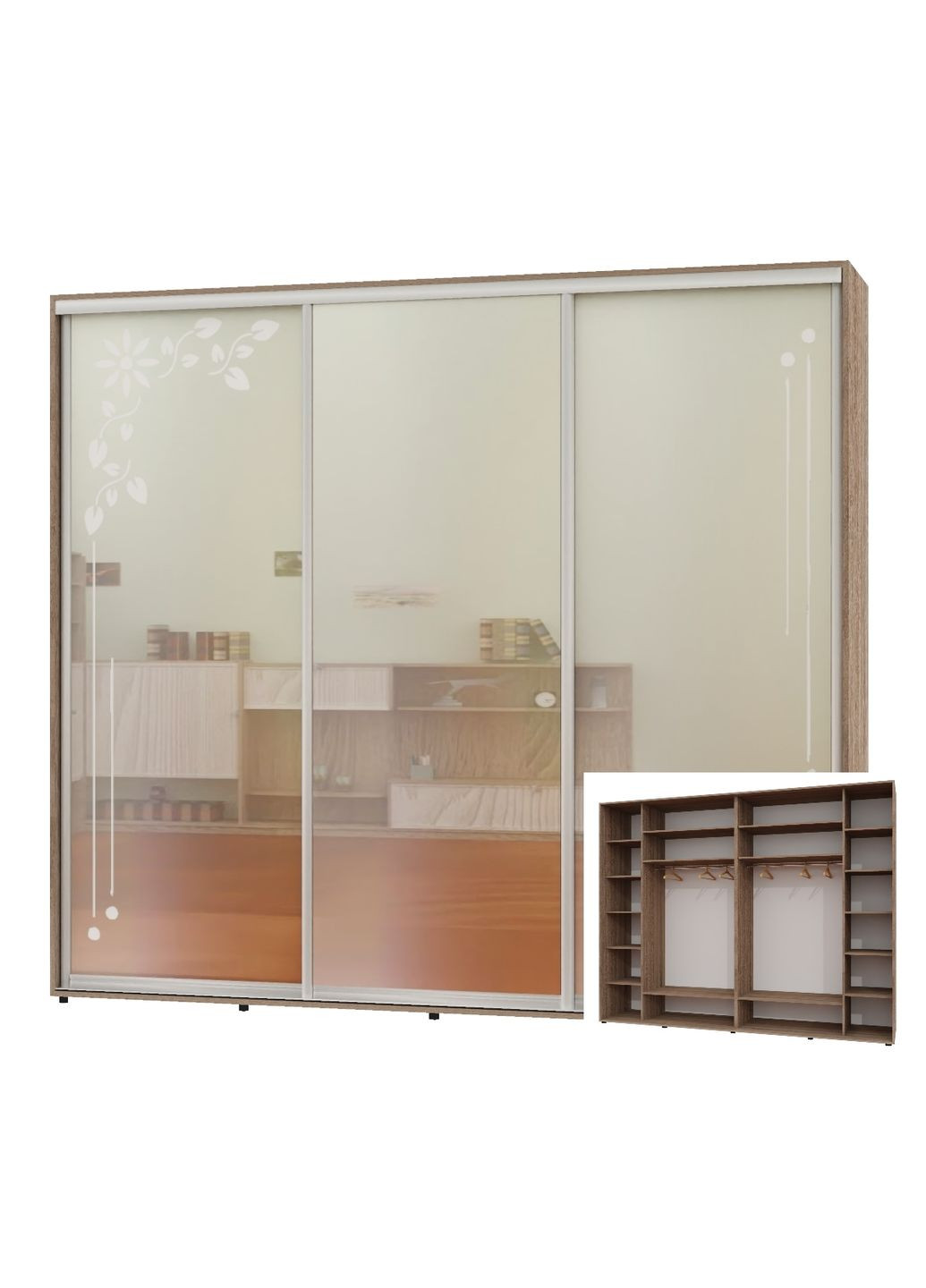 Шафа-купе тридверна 300*60*240 Дуб Сонома трюфель 2 Дзеркала з піскострумним малюнком/Дзеркало Люкс-149 Алекса (360479515)