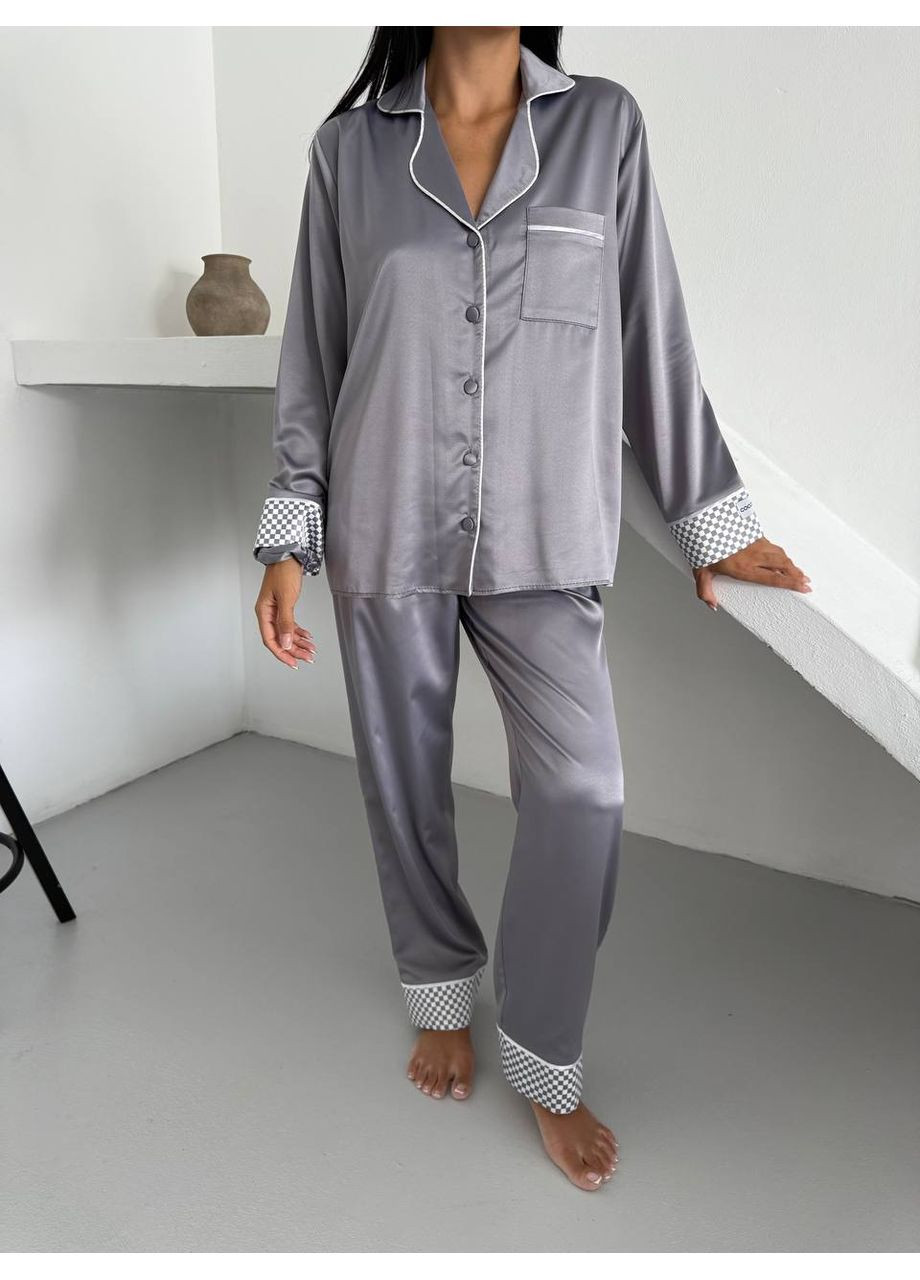 Сіра всесезон жіноча піжама сіра з окантовкою сорочка + брюки Vital-Textile 1292