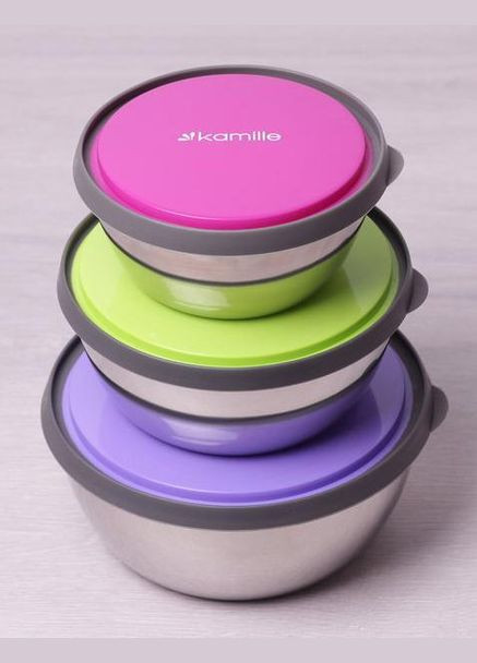Набор 3 емкости Ø12х5см, Ø14х5.5см, Ø16х6.5см для хранения продуктов Kamille (330139263)