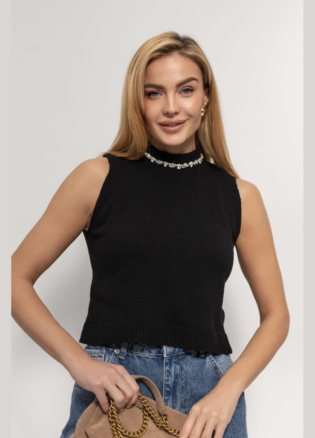 Женская жилетка со стразами на горловине - черный Lurex (317233755)