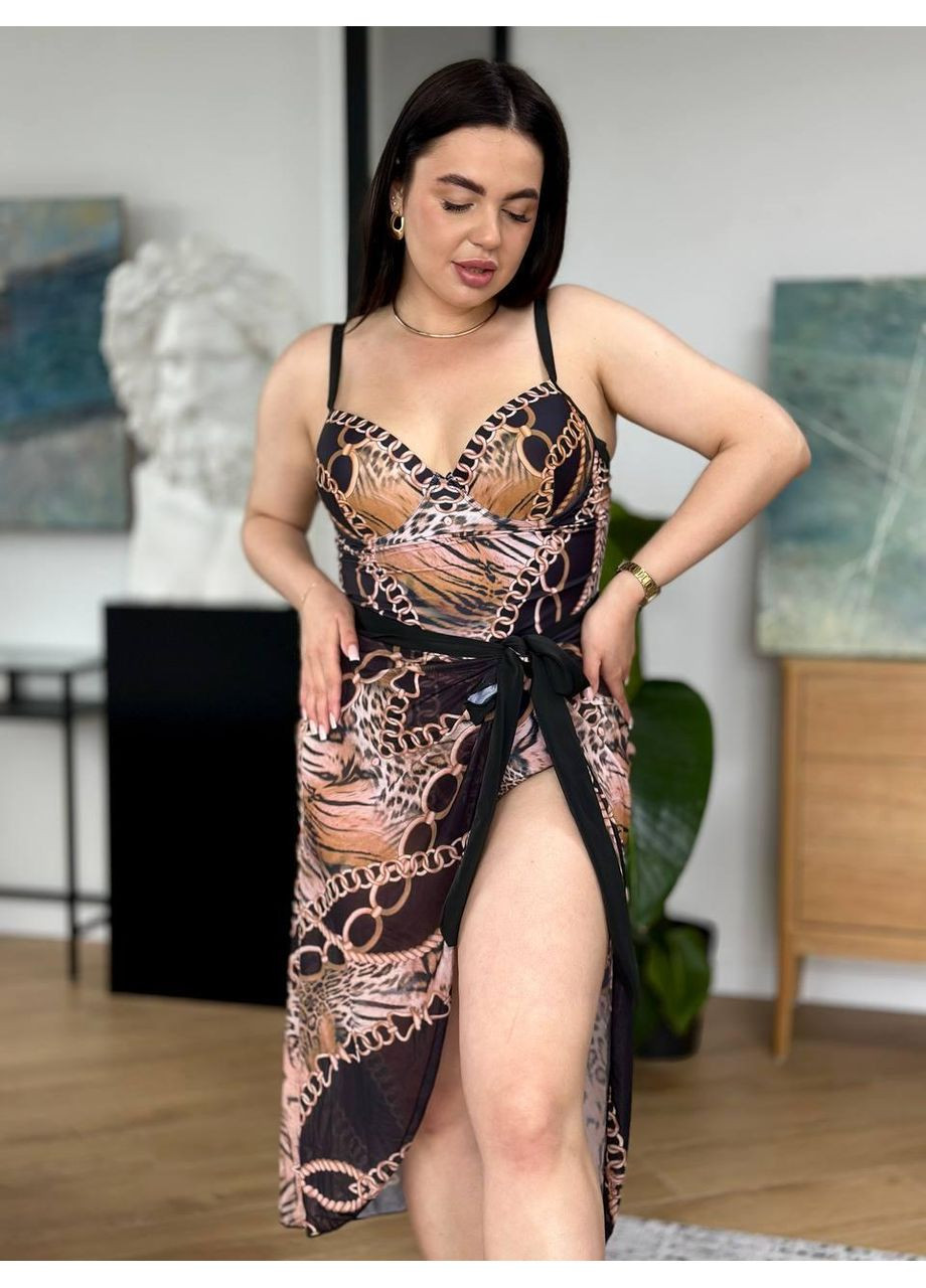 Комбинированный летний женский комплект плюс сайз сплошной купальник + парео женский купальник сплошной с парео больших размеров No Brand