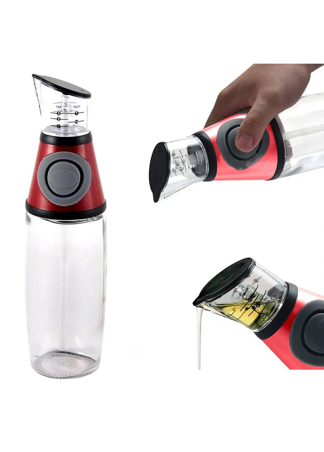 Диспенсер дозатор для масла соуса уксуса стеклянная бутылка с мерной шкалой и насосом 500 мл Press & Measure Красный Kitchen Master (302507466)