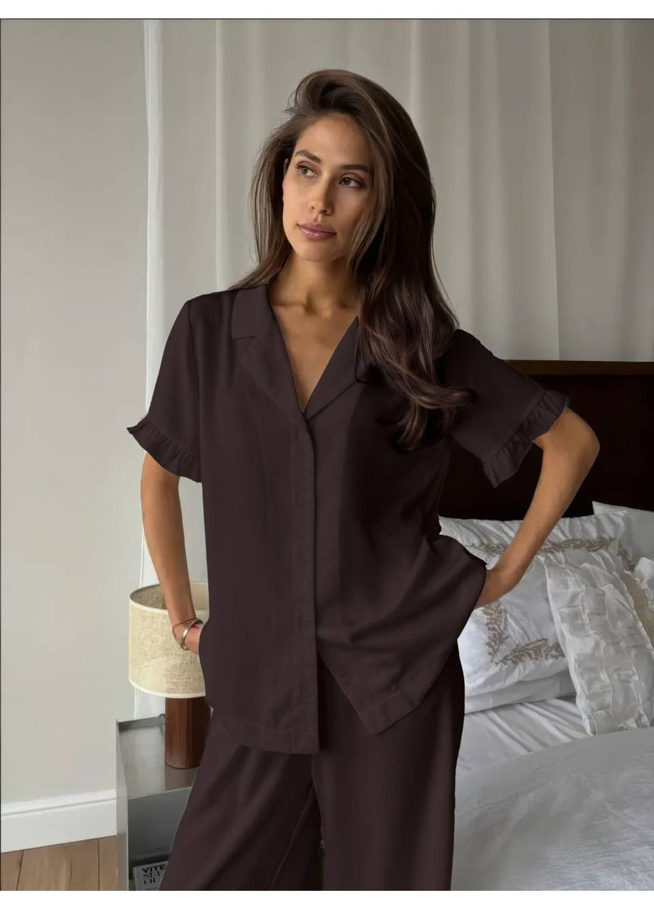 Коричнева всесезон жіноча піжама сорочка + брюки No Brand