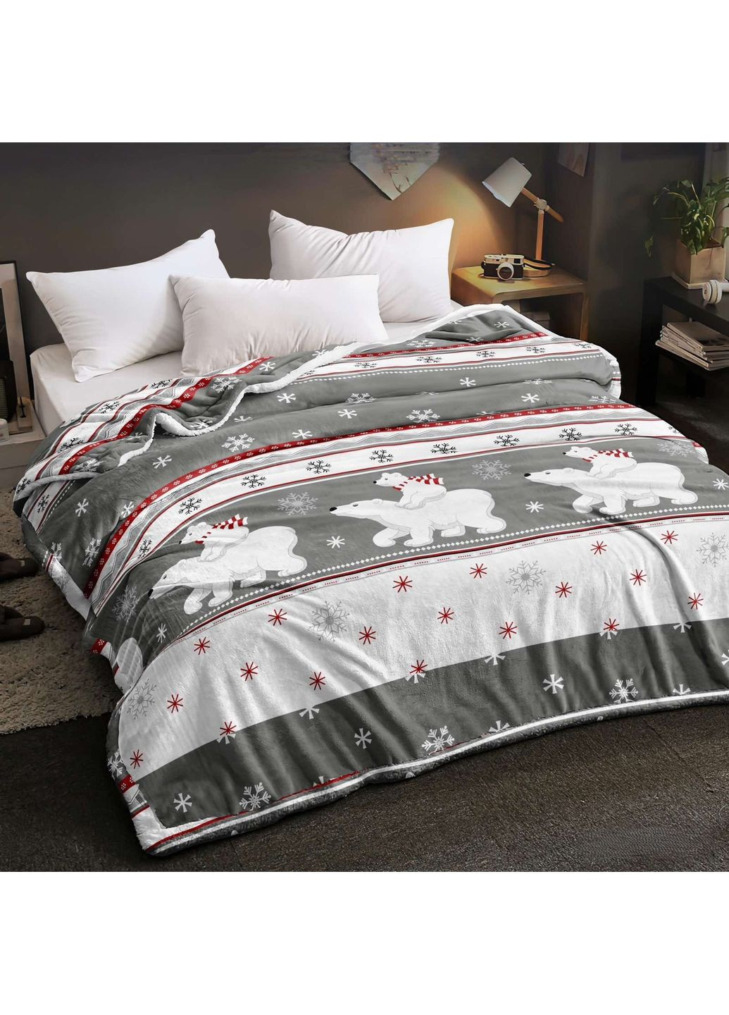 Плед флісовий новорічний півтораспальний 150х220 сірий з білим Ведмедики 112514 Ananasko (370281673)