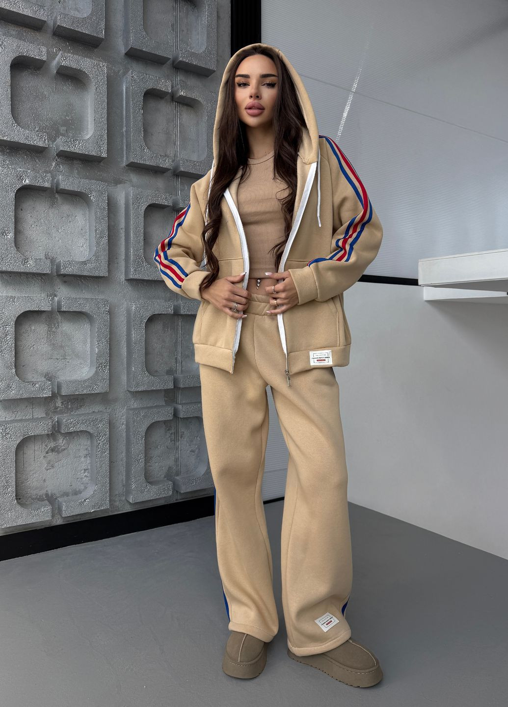 Спортивный костюм женский зимний оверсайз с лампасами и капюшоном (худи + штаны) No Brand (365765643)