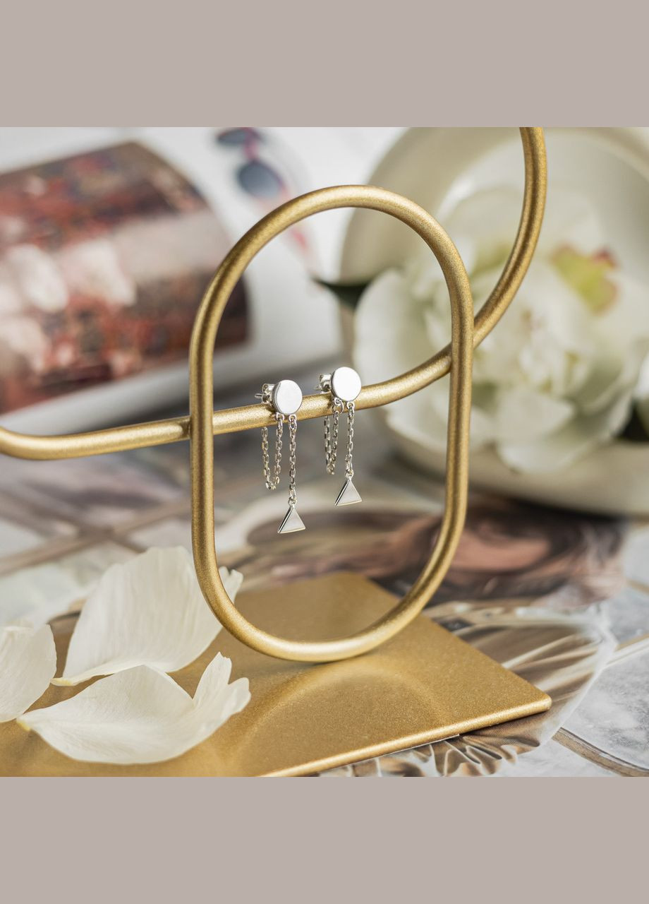 Срібні сережки пусети Трикутники маленькі на тонкому ланцюжку без камінців Каштан (342334865)