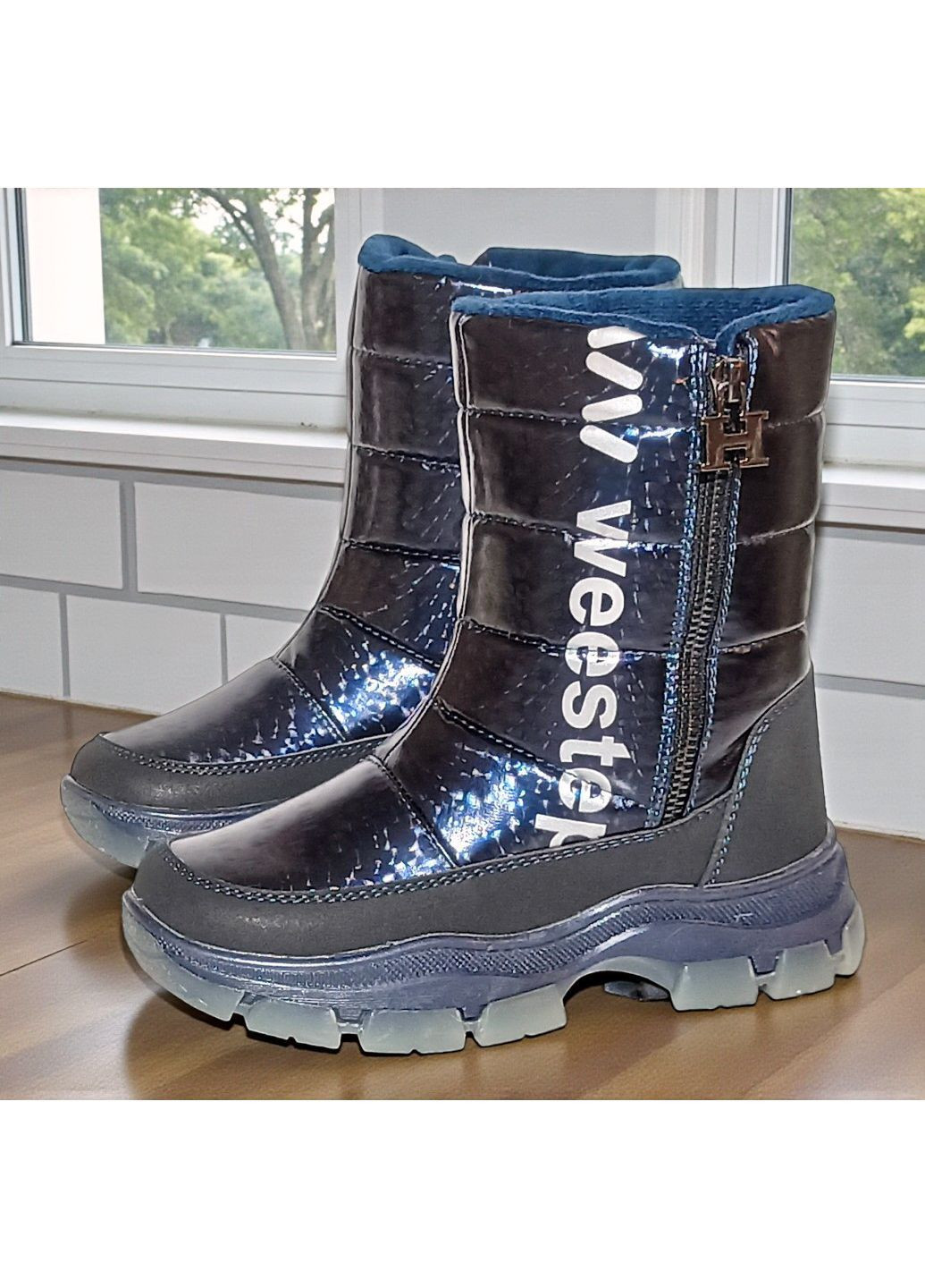 Темно-синие зимние дутики на овчине термоботинки для девушки подростка вистеп Weestep на молнии