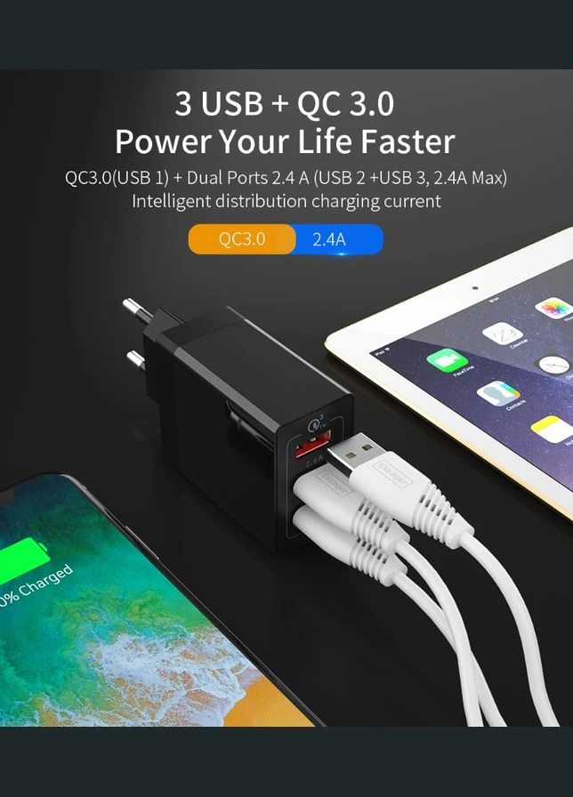 Зарядное устройство 30W, 3хUSB, Quick Charge 3.0 Black Essager (300523914)