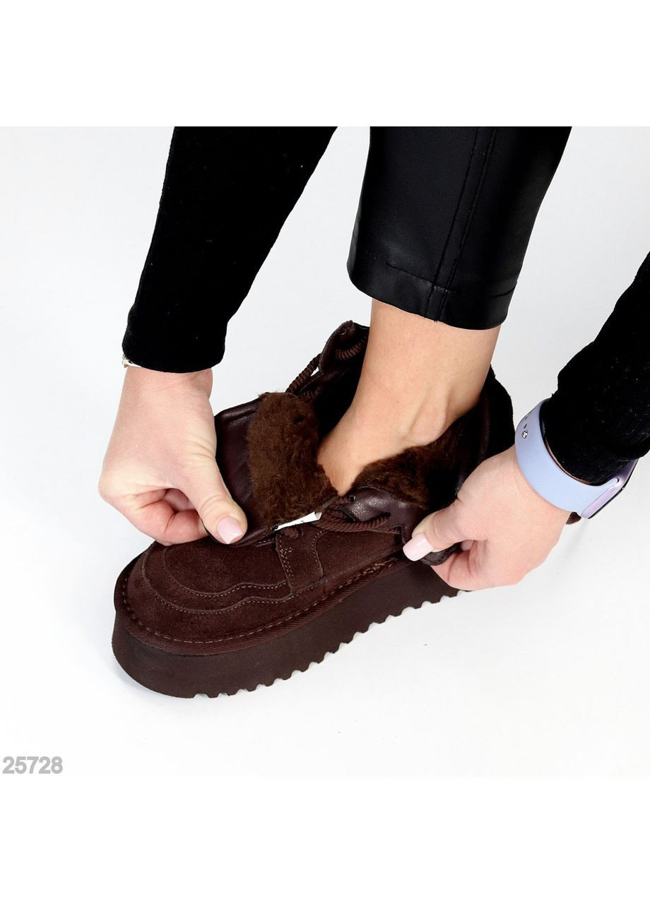 Женские зимние угги на шнуровке Leron, шоколадные, из натуральной замши, утепленные экохутром. No Brand (365756140)