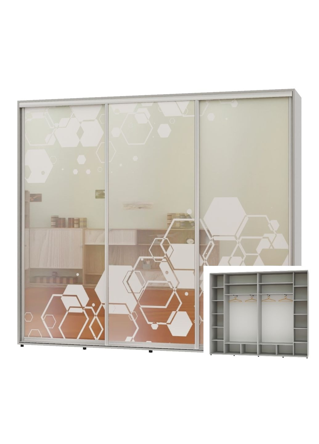 Шафа-купе тридверна 290*45*240 Сірий Дзеркало з піскострумним малюнком Люкс-149 Алекса (360477834)