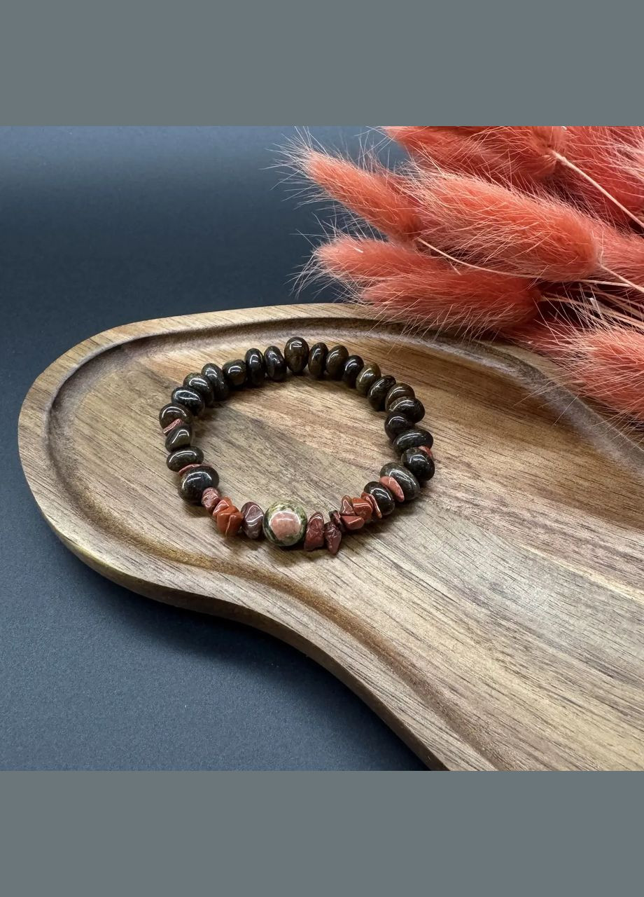 Браслет на гумці натуральний Бронзит, Яшма Червона +вставка Унакіт d-10х9мм+- L-18см No Brand Браслет (331145955)