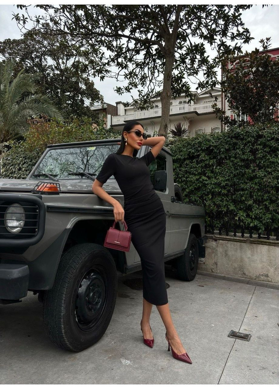 Чорна святковий, повсякденний, вечірня, ділова, кежуал міді-сукня зі зборкою на талії Sobe однотонна