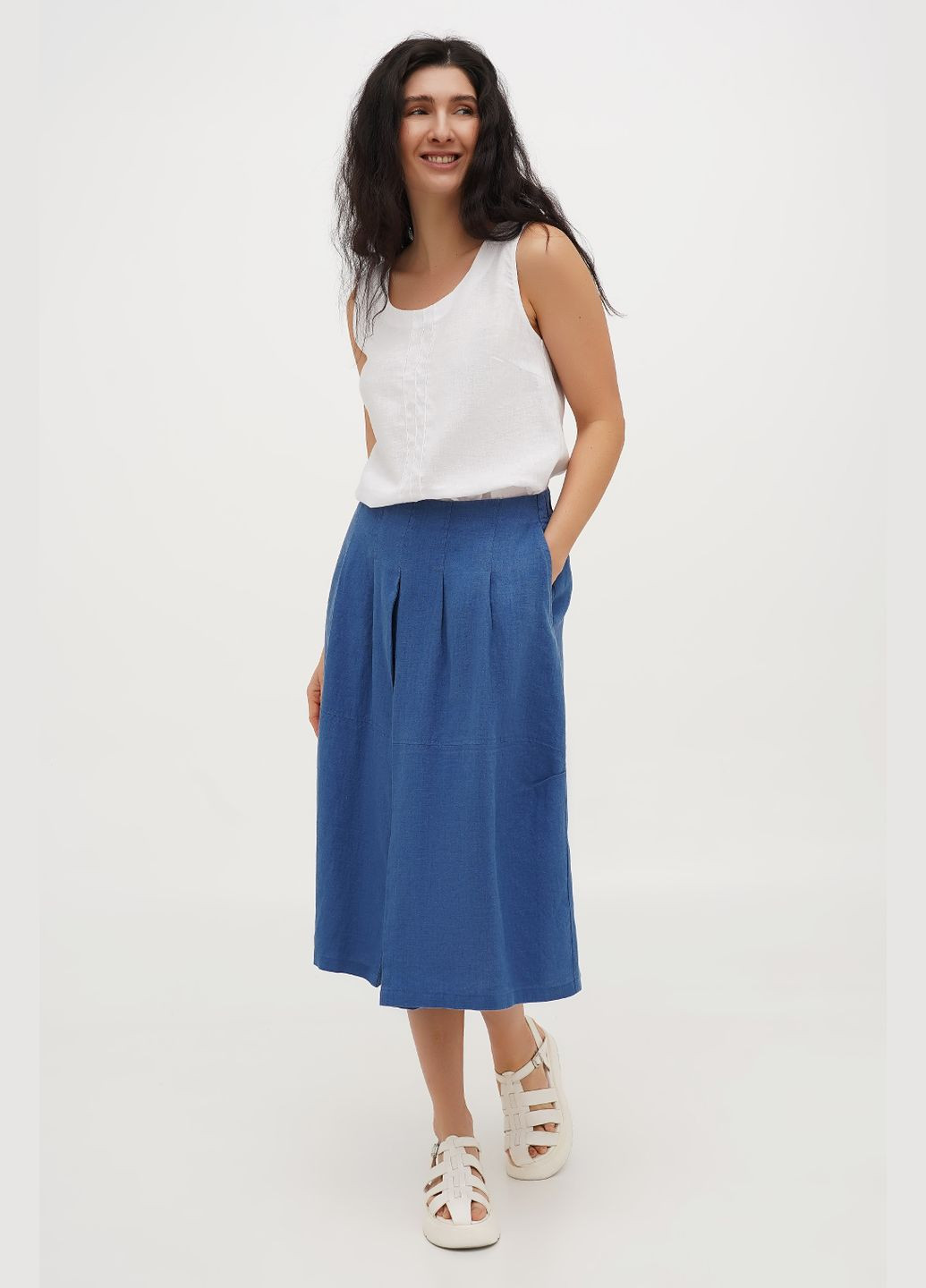 Синяя свободная льняная миди юбка бохо на молнии и с карманами малага. белый, р.44, код 7437/44/101 ГАЛЕРЕЯ ЛЬОНУ