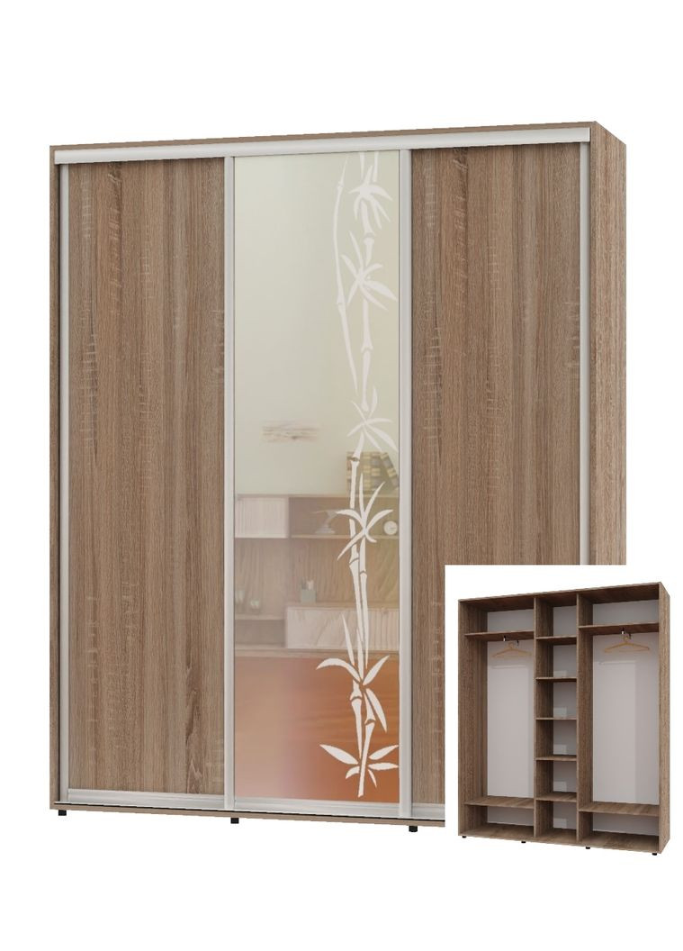 Шкаф-купе трехдверный 200*45*220 Дуб Сонома трюфель 2 ДСП/Зеркало с пескоструйным рисунком ШК-04 Алекса (360440825)