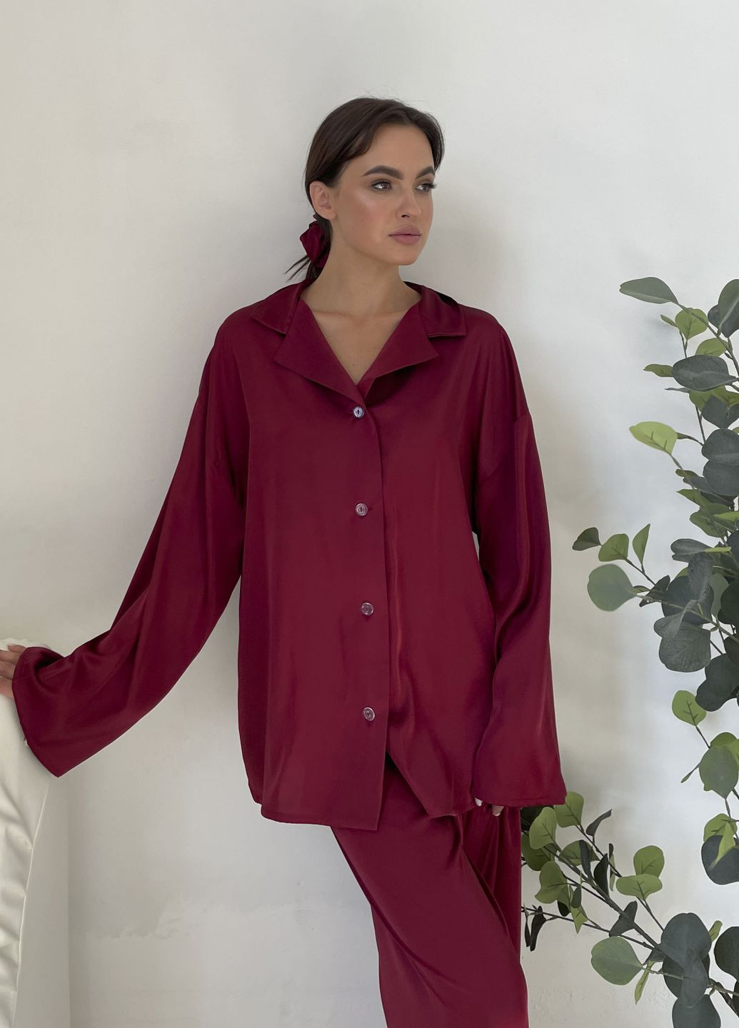 Бордовая всесезон пижама коллекции «объятия» с принтами (сорочка, штани, резинка) VIDCHUY