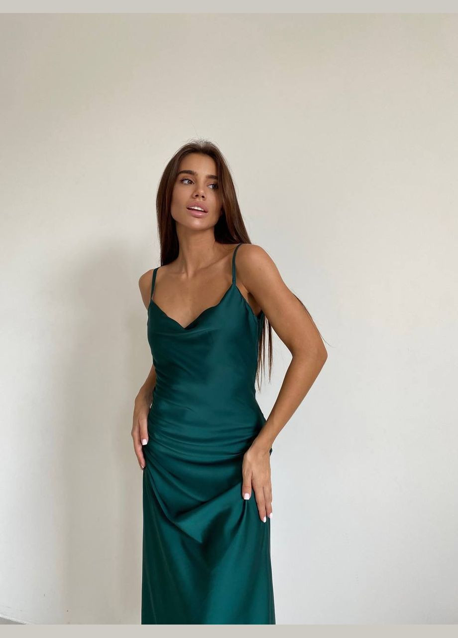 Темно-зеленое вечернее шелковое платье меди на бретелях платье-комбинация MonCher