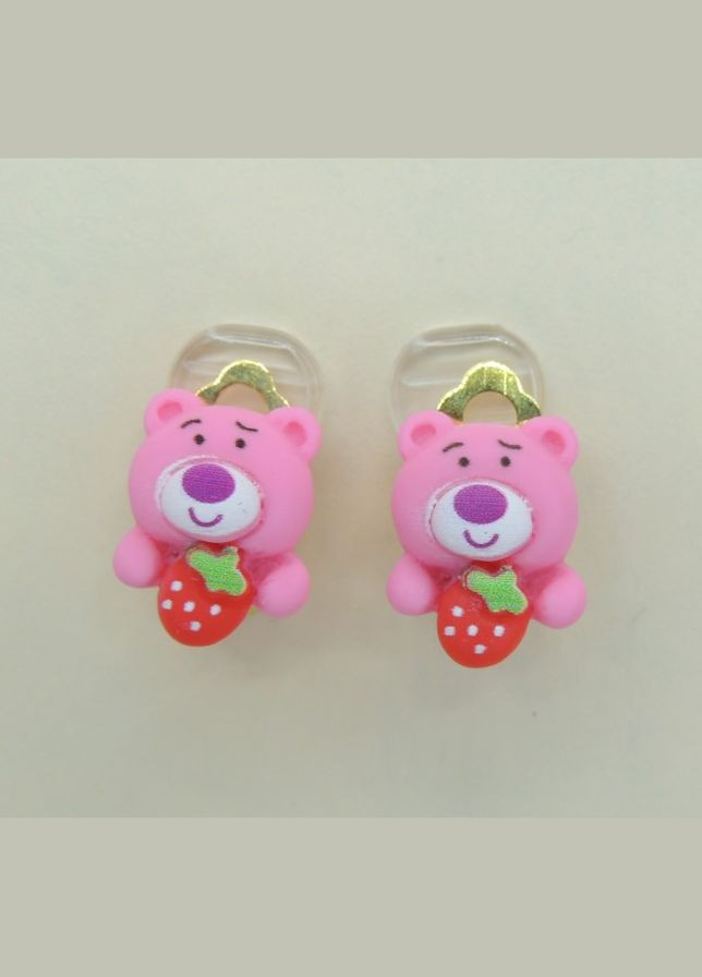 Серьги клипсы детские для ушей без пробивания Розовый медвежонок со спелой клубничкой в лапах Liresmina Jewelry (285111037)