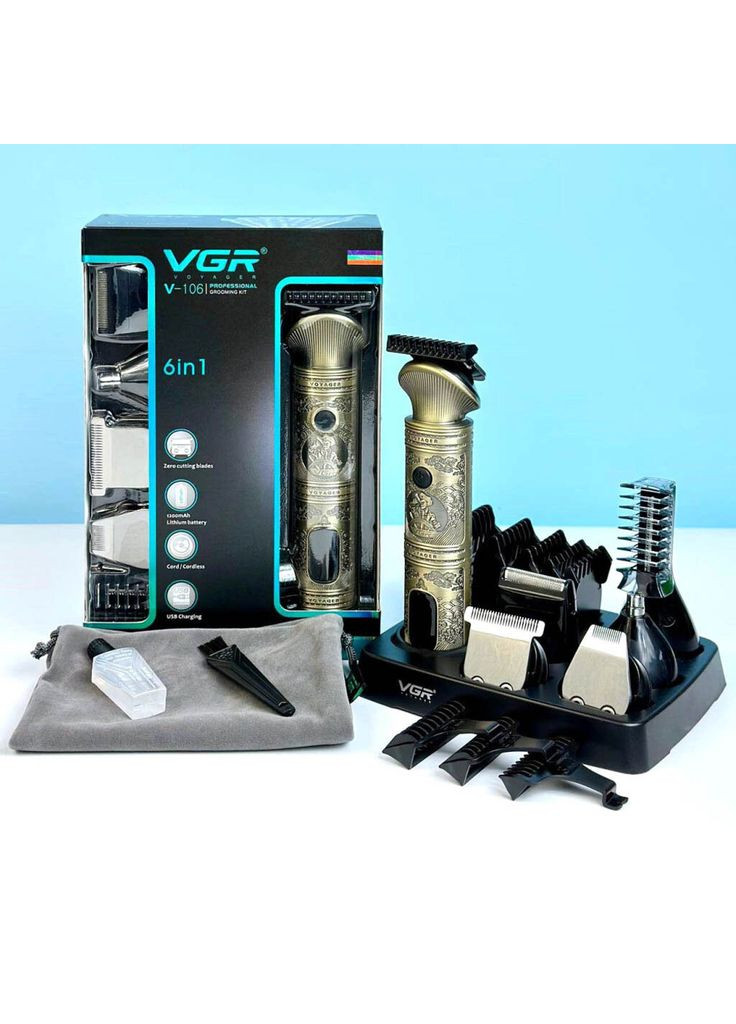 Професійний набір для стрижки волосся та бороди 6 в 1 аккамуляторна машинка з LED дисплеєм V-106 Bronze VGR (351485686)
