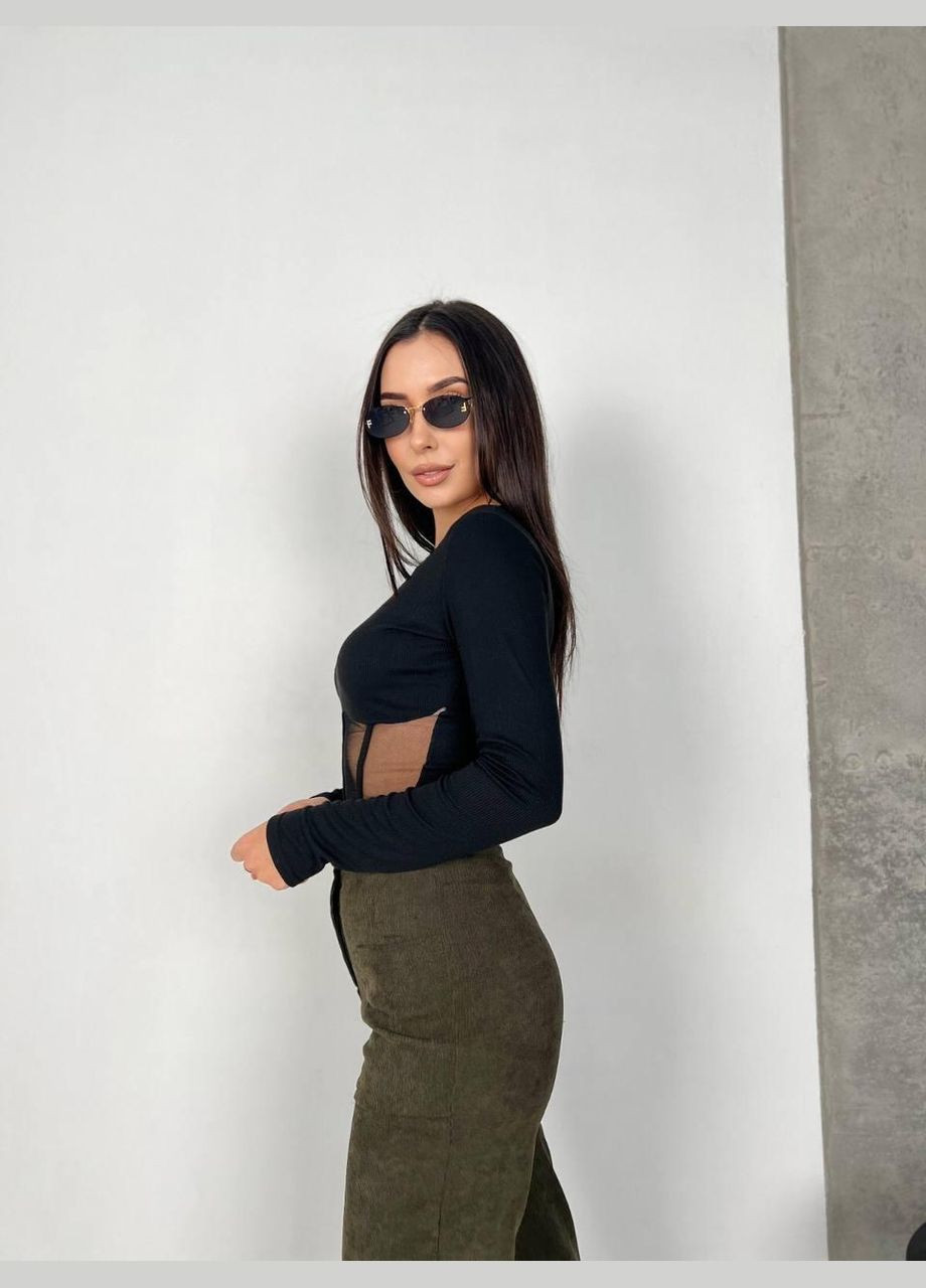 Лонгслів жіночій - кофточка у рубчик з імітацією корсета із сітки JUGO (301580420)