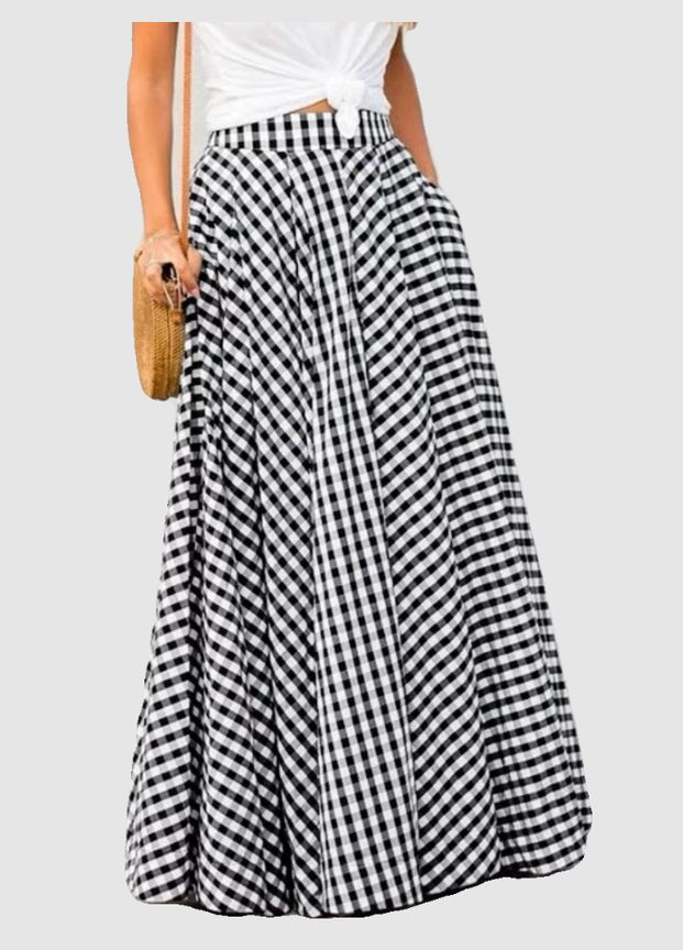 Кльошна максі-спідниця з кишенями в чорно-білу клітинку No Brand (323168510)