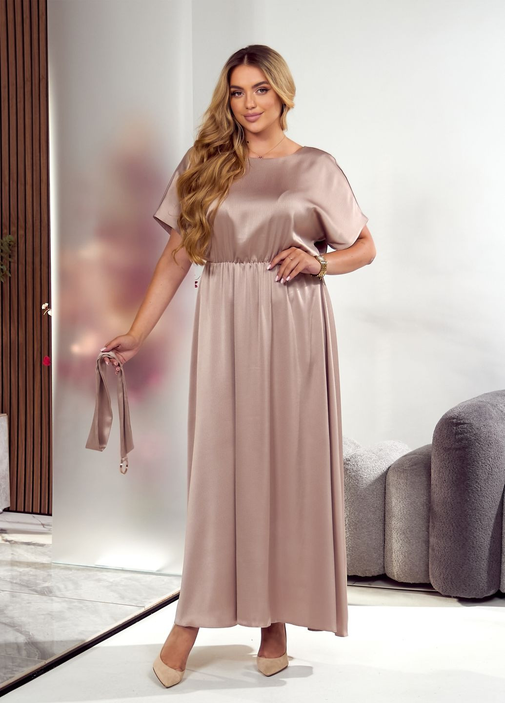 Темно-бежева святковий, коктейльна, вечірня вечірня сукня максі довжини з відкритою спиною та поясом дзвін, з відкритою спиною No Brand однотонна