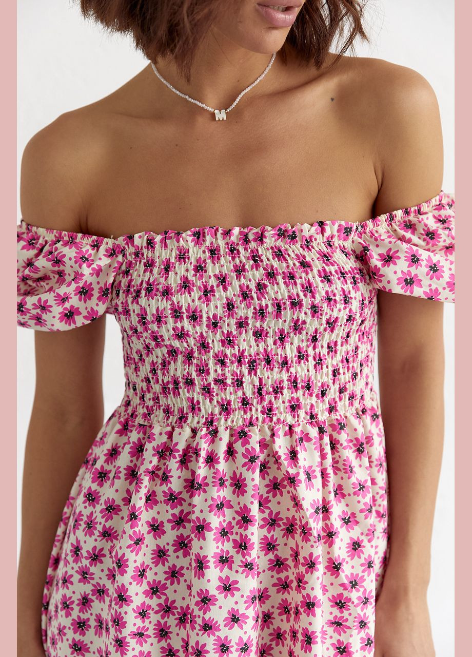 Розовое повседневный платье в мелкие цветы с открытыми плечами 35525 Lurex с цветочным принтом