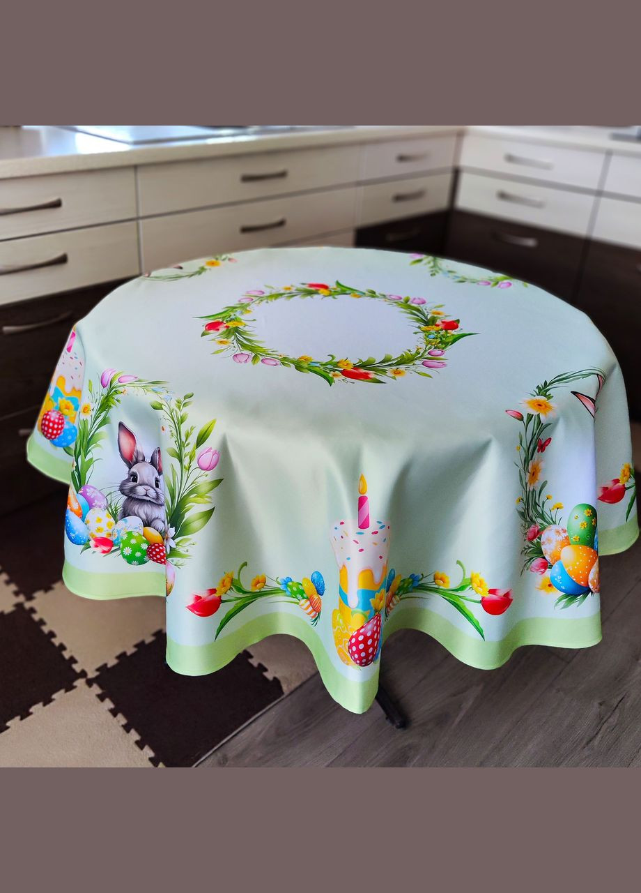 Водоотталкивающая пасхальная cкатерть на круглый стол с кроликами 160см. Круглая скатерть зеленая пасхальная Maystat (305390804)