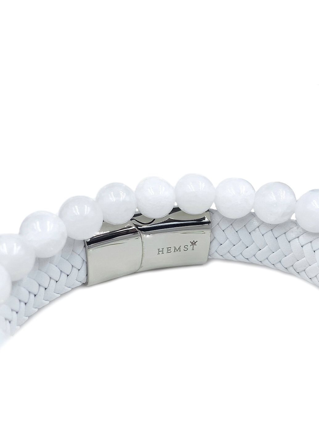 Комплект браслетов из кожи белого цвета и нефрита с дисками (12132) Hemst (302245297)