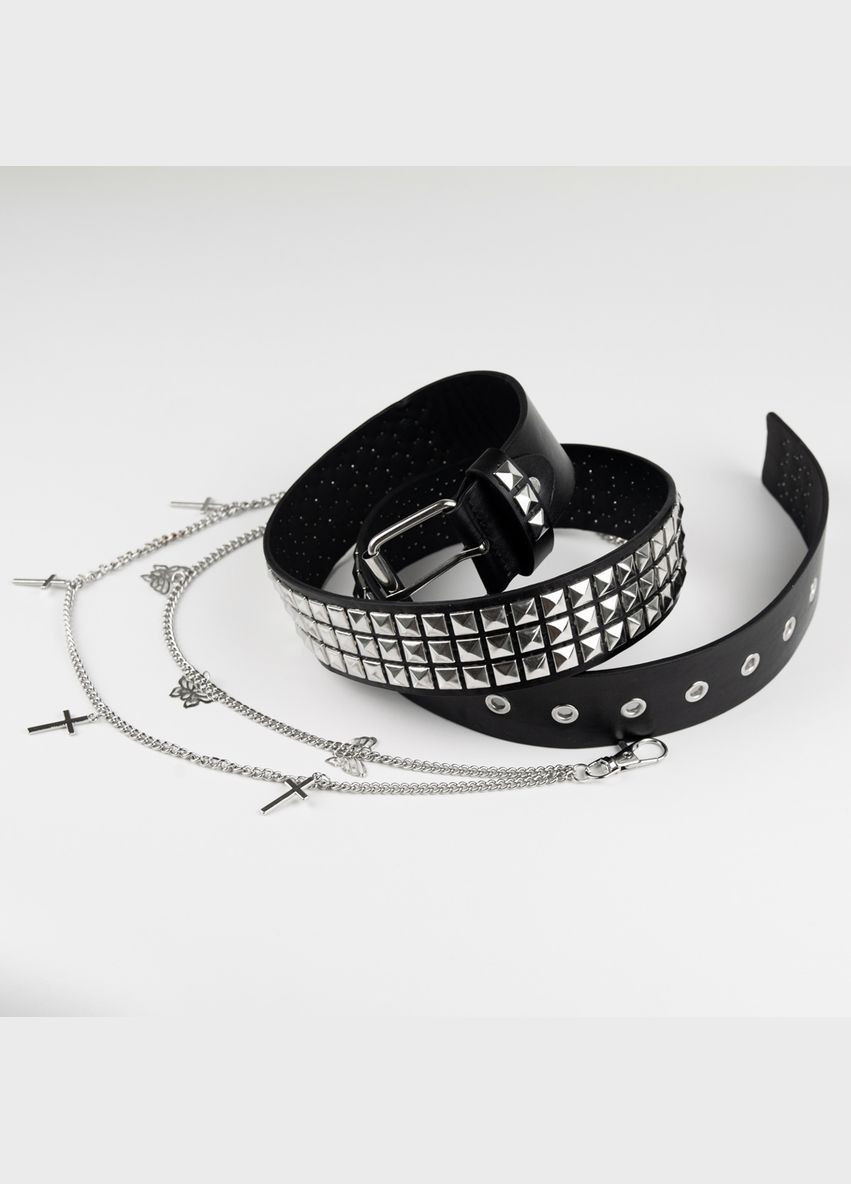 Ремінь з ланцюжком панк хрести шипи метелики чорний 110 см No Brand (335413983)